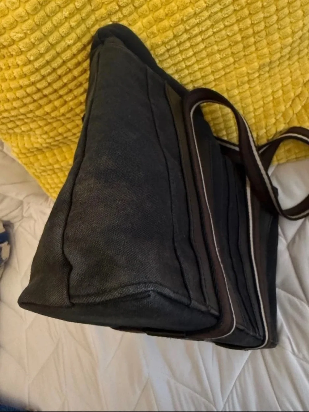 Hermes Black Canvas Messenger Bag with Brown Striped Handles